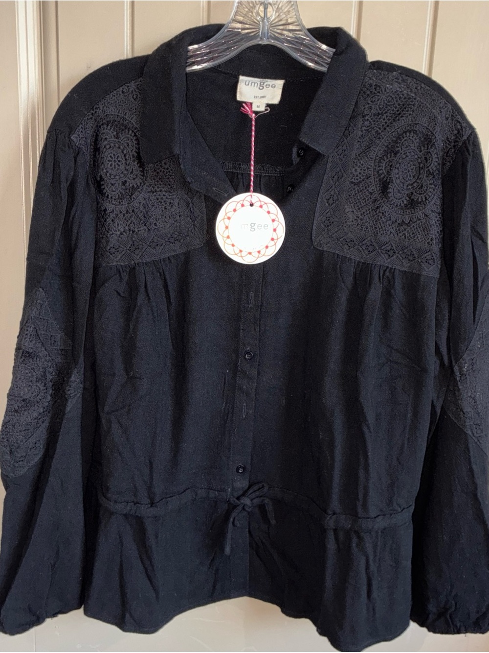 Umgee Black Crochet Yoke Button-Front Top